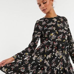 ASOS Design black floral tiered smock mini dress